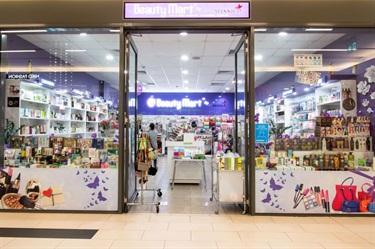 Entrance to Beauty Mart store at Dutton Plaza
