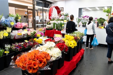 View from inside Cabramatta Flower Spot at Dutton Plaza displaying a wide range of colourful bouquets