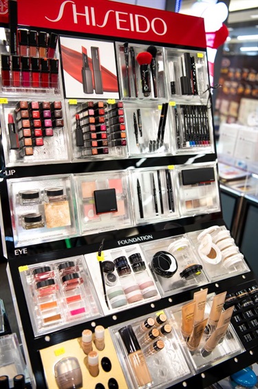Shiseido make up display at Kimarie Boutique in Dutton Plaza featuring lipstick, makeup brushes and other beauty products