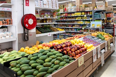 Various supermarket shelves inside Sanfa Supermarket at Dutton Plaza