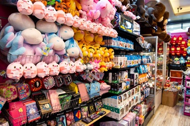 Shelves at Sydney Morning Glory in Dutton Plaza displaying toys and wallets branded with fictional character logos and images