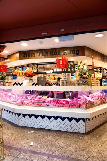 Front counter at The Premium Meat Market in Dutton Plaza, displaying a wide variety of fresh cuts of meat