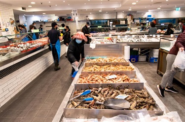 Fresh seafood for sale inside Viet Hoa Fish Market at Dutton Plaza
