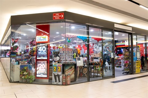 Mitchum Newsagency viewed from outside in the hallway at Dutton Plaza