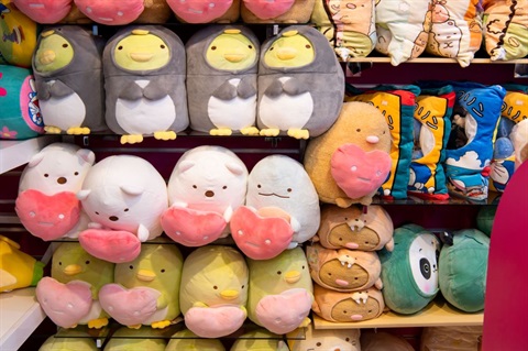 Shelves with cute plush soft toys and cushions at Sydney Morning Glory in Dutton Plaza