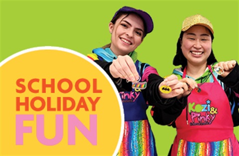 Two women holding up trinkets. Text reads School Holiday Fun.