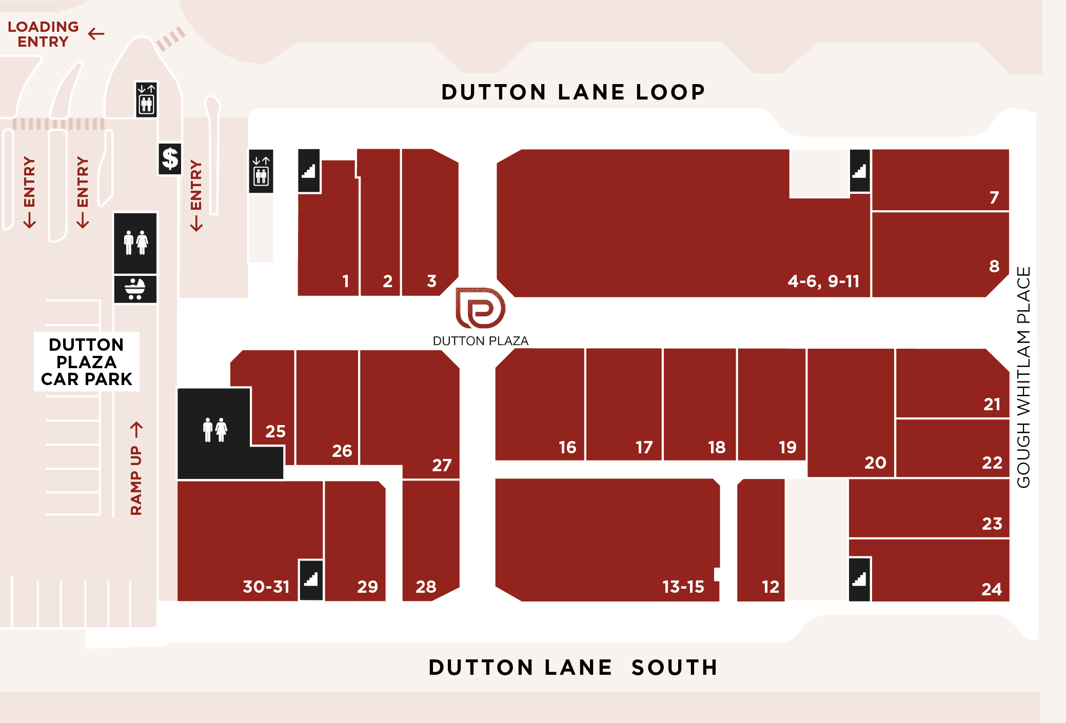 Map of Dutton Plaza ground floor showing locations of each shop. List of shops described under the heading List of Shops on Ground Level.