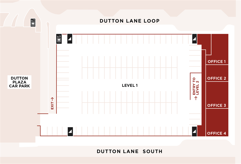 Map of Dutton Plaza level 1 showing locations of each offices and car park. List of offices described under the heading List of Offices on Level 1.